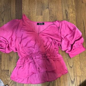 DO+BE Fuchsia Ruffle Peplum V-Neck Blouse